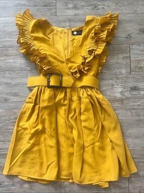 Mustard Yellow Ruffle Belted Women’s Dress